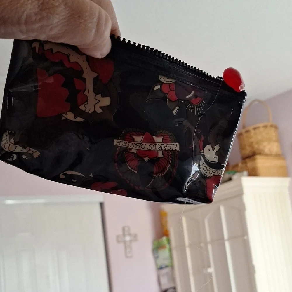 Black Tattoo Print Vinyl Cosmetic Pouch with Heart Charm